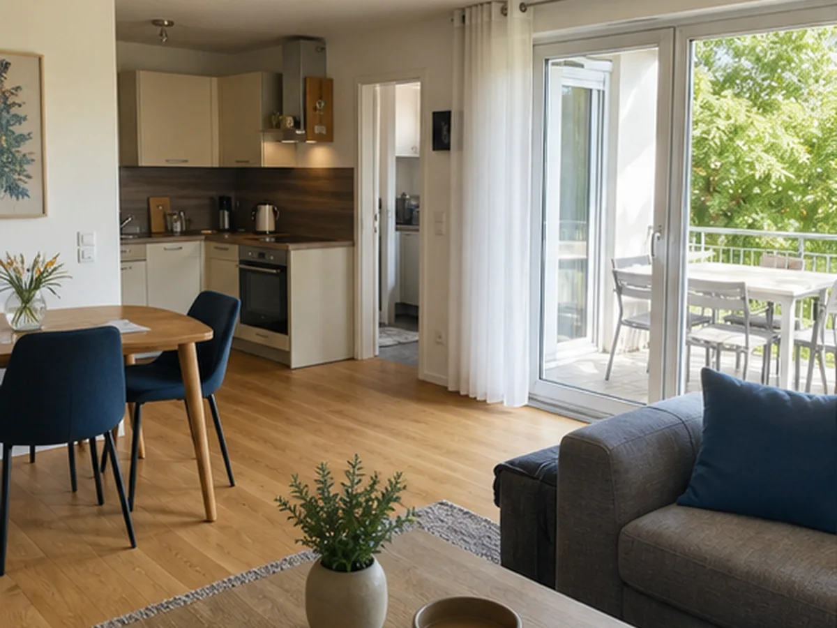 Wohnraum einer Zweitwohnung mit Küche und Balkonzugang